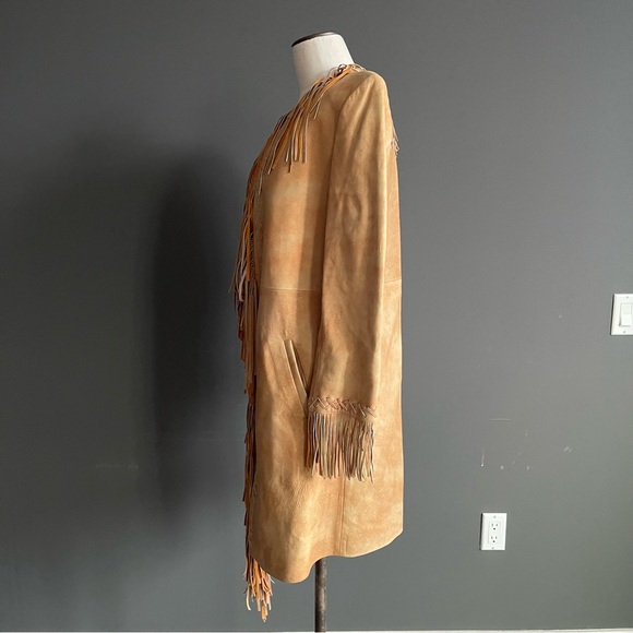 Vericci Tan Suede Fringe Leather Coat • Western Boho Festival Jacket (S) - Picture 4 of 15